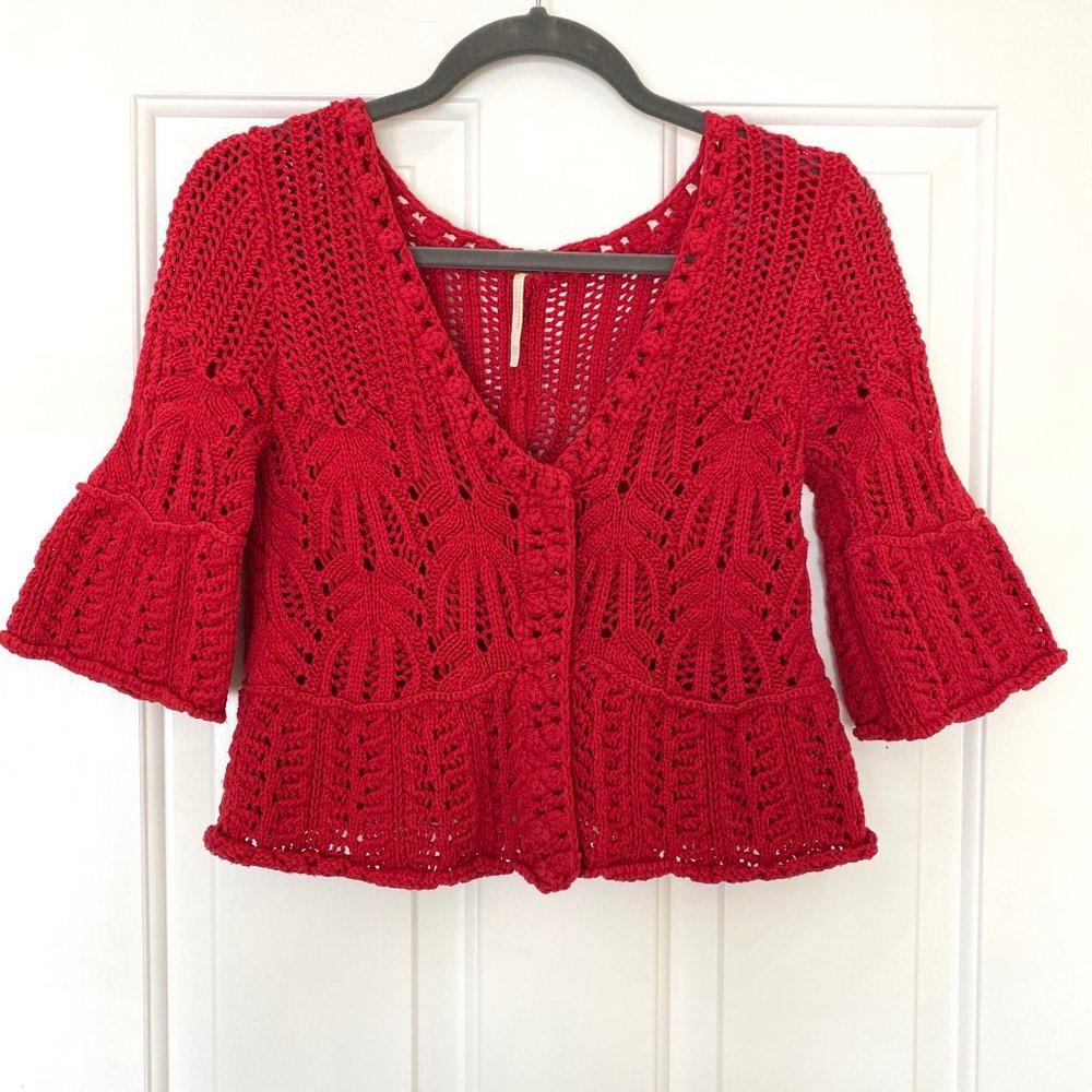 Free People Red Crochet Bell Sleeve Cardigan XS